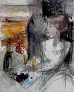 Abstraktes figuratives Innenstillleben mit Flaschenblumen und sitzender Figur