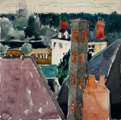 Paesaggio urbano francese sui tetti con camini Acquerello modernista Gouache