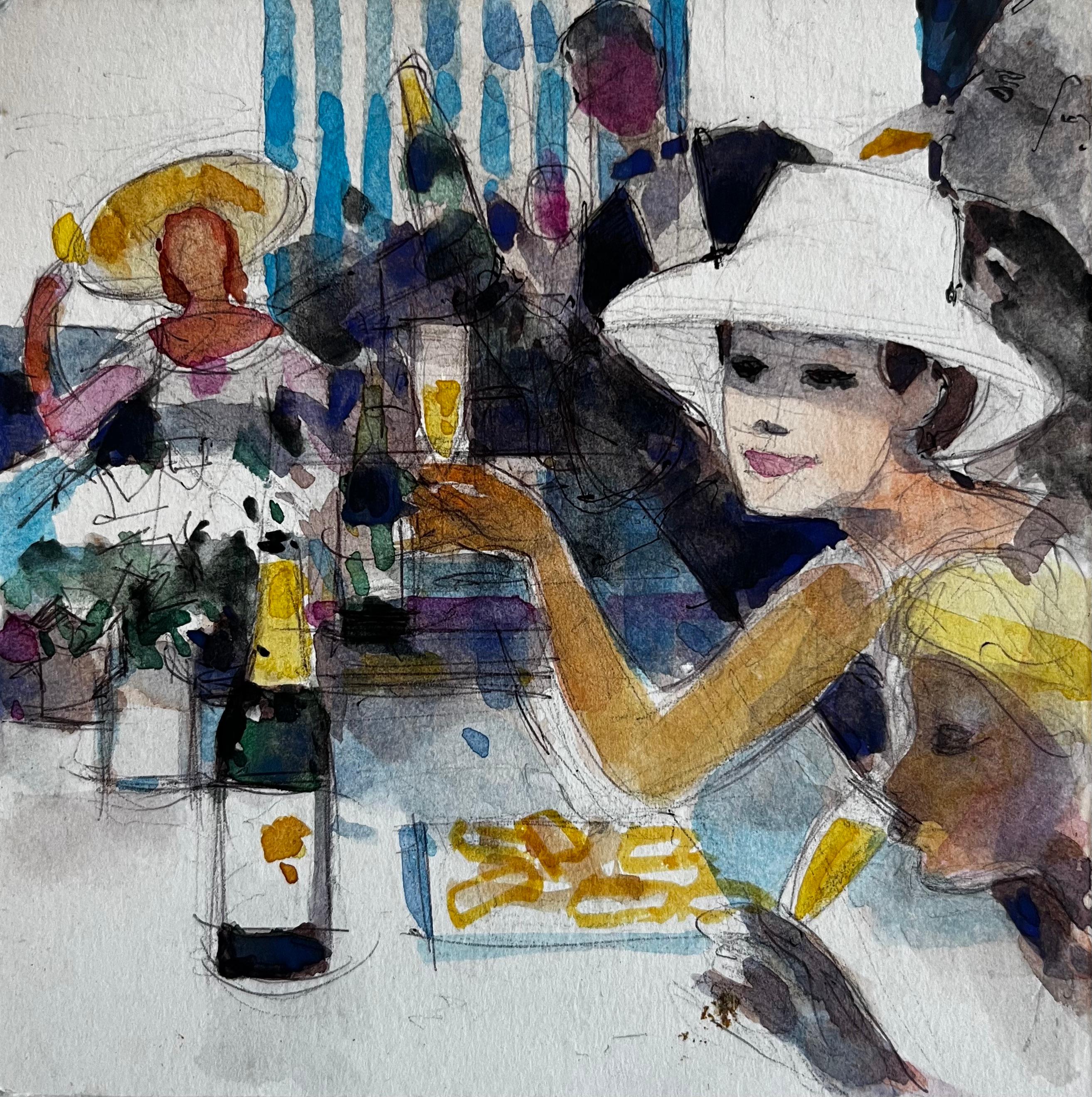 Pierre Neveu Figurative Painting – Moderne Café-Szene mit Figuren Weinflaschen und weißen Hut Französisch Aquarell