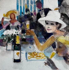 Pierre Neveu - Moderna Escena de Café con Figuras Botellas de Vino y Sombrero Blanco Acuarela Francesa Moderna Escena de Café con Figuras Botellas de Vino y Sombrero Blanco Acuarela Francesa