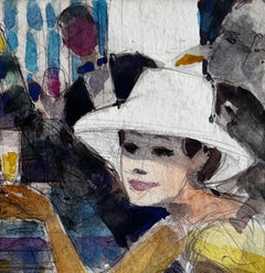 Moderne Café-Szene mit Figuren Weinflaschen und weißen Hut Französisch Aquarell