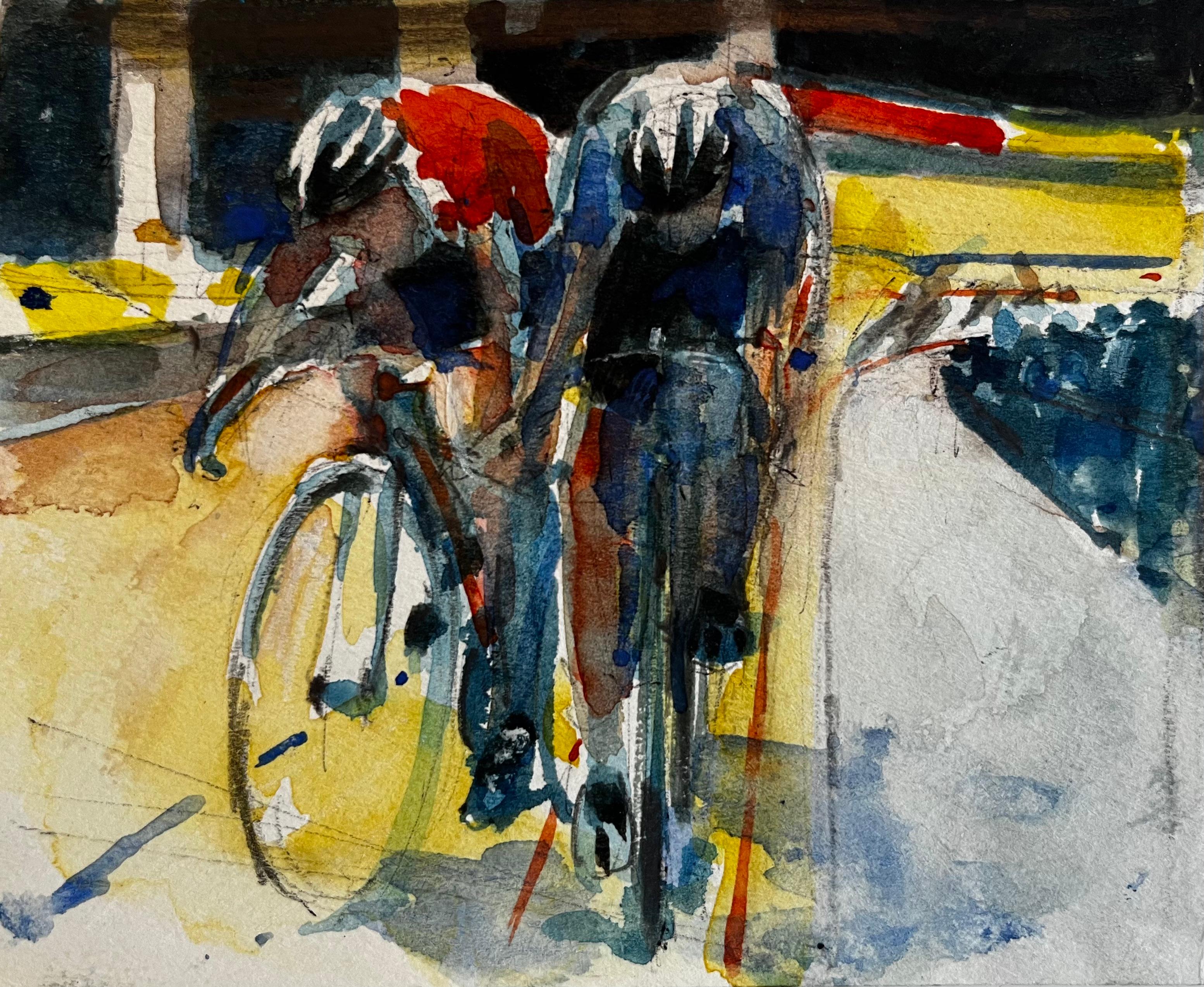 Figurative Painting de Pierre Neveu - Dos ciclistas en carrera Estudio Modernista Francés Acuarela Gouache