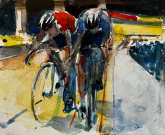 Pierre Neveu - Dos ciclistas en carrera Estudio Modernista Francés Acuarela Gouache Dos ciclistas en carrera Estudio Modernista Francés Acuarela Gouache
