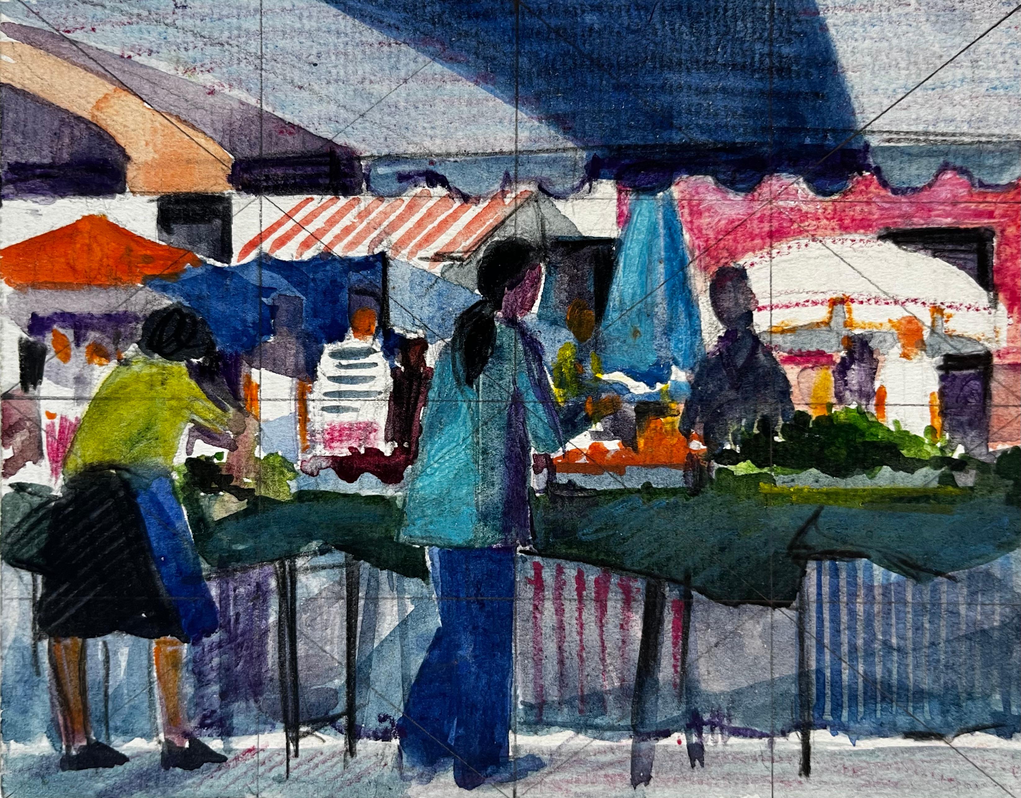 Scena di mercato francese con bancarelle di figure e tende da sole Acquerello modernista