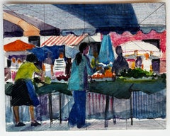 French Market Scene With Figures Stalls and Awnings Modernist Watercolor