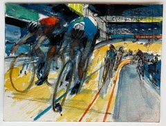 Cyclists Racing On Velodrome Track French Modernist Watercolor Gouache