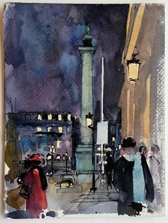 Piazza della città parigina di notte con colonne e figure Acquerello francese