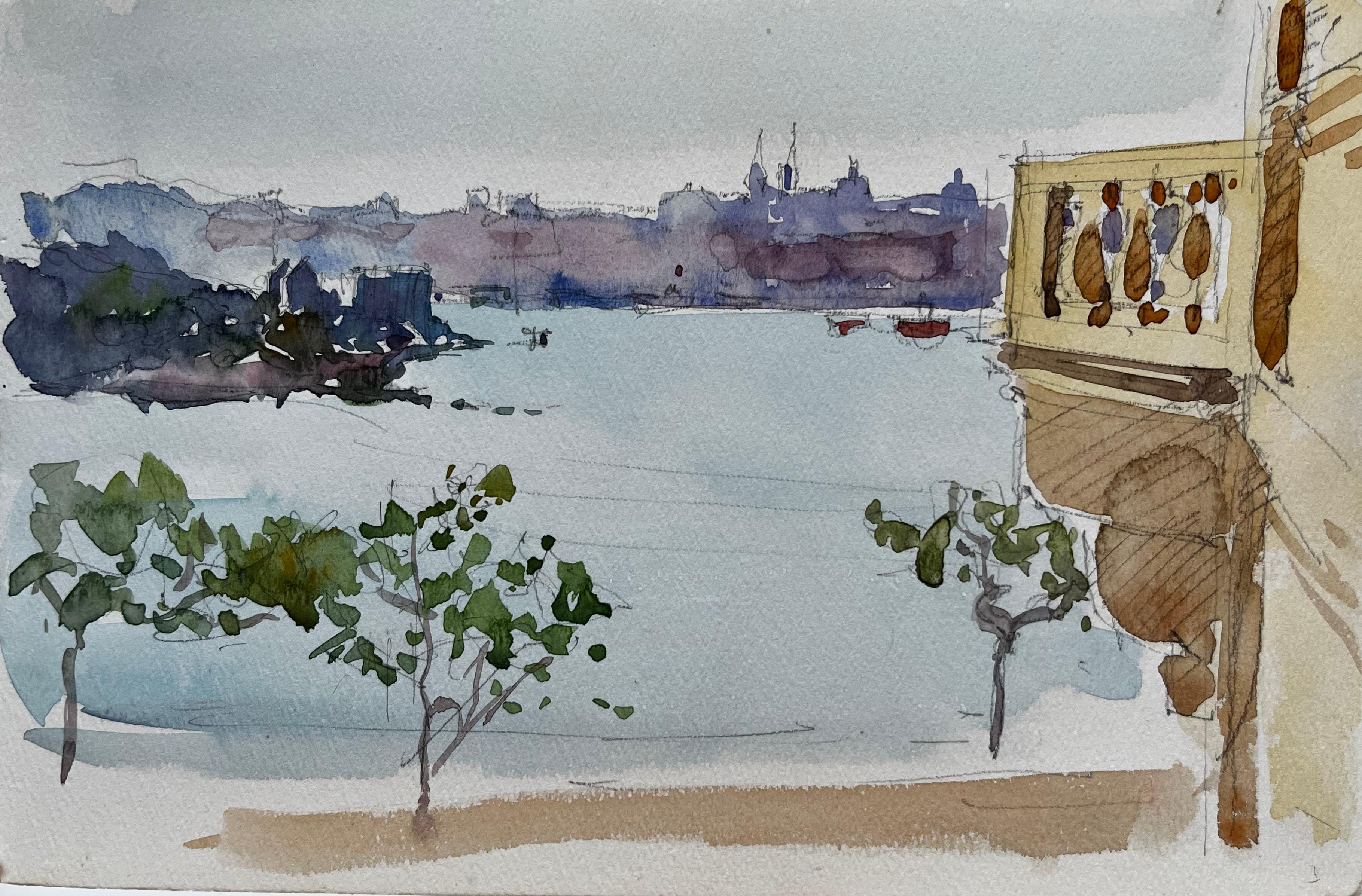 Landscape Painting Pierre Neveu - Vue du port avec balcon et paysage urbain lointain Aquarelle française