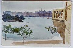 Hafen Blick mit Bäumen Balkon und fernen Stadtbild Französisch Aquarell