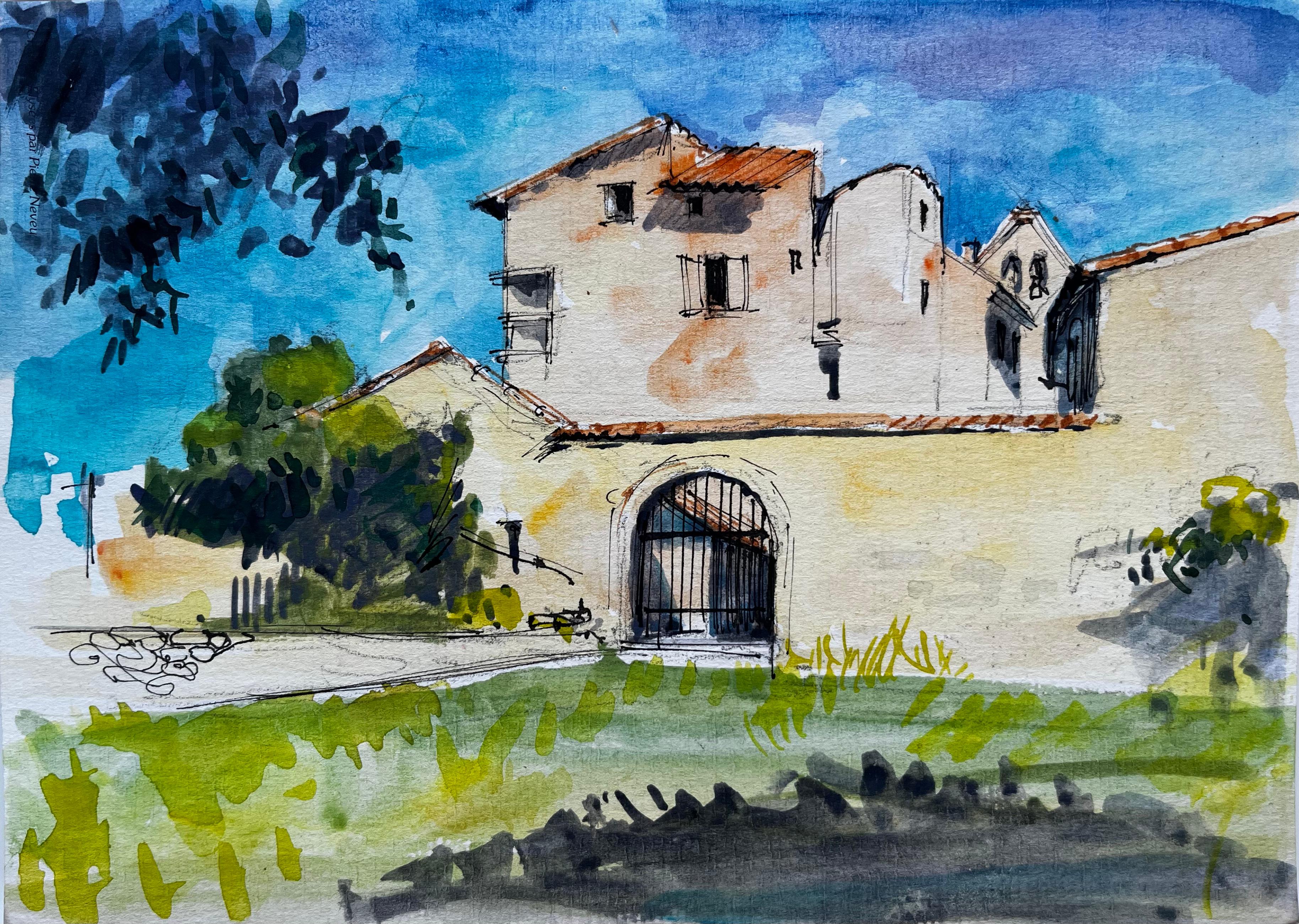 Pierre Neveu Landscape Art - Mediterranean Courtyard with Arched Gateway and Stone Buildings Watercolor