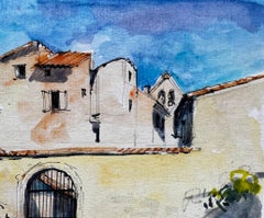 Mediterranean Courtyard with Arched Gateway and Stone Buildings Watercolor