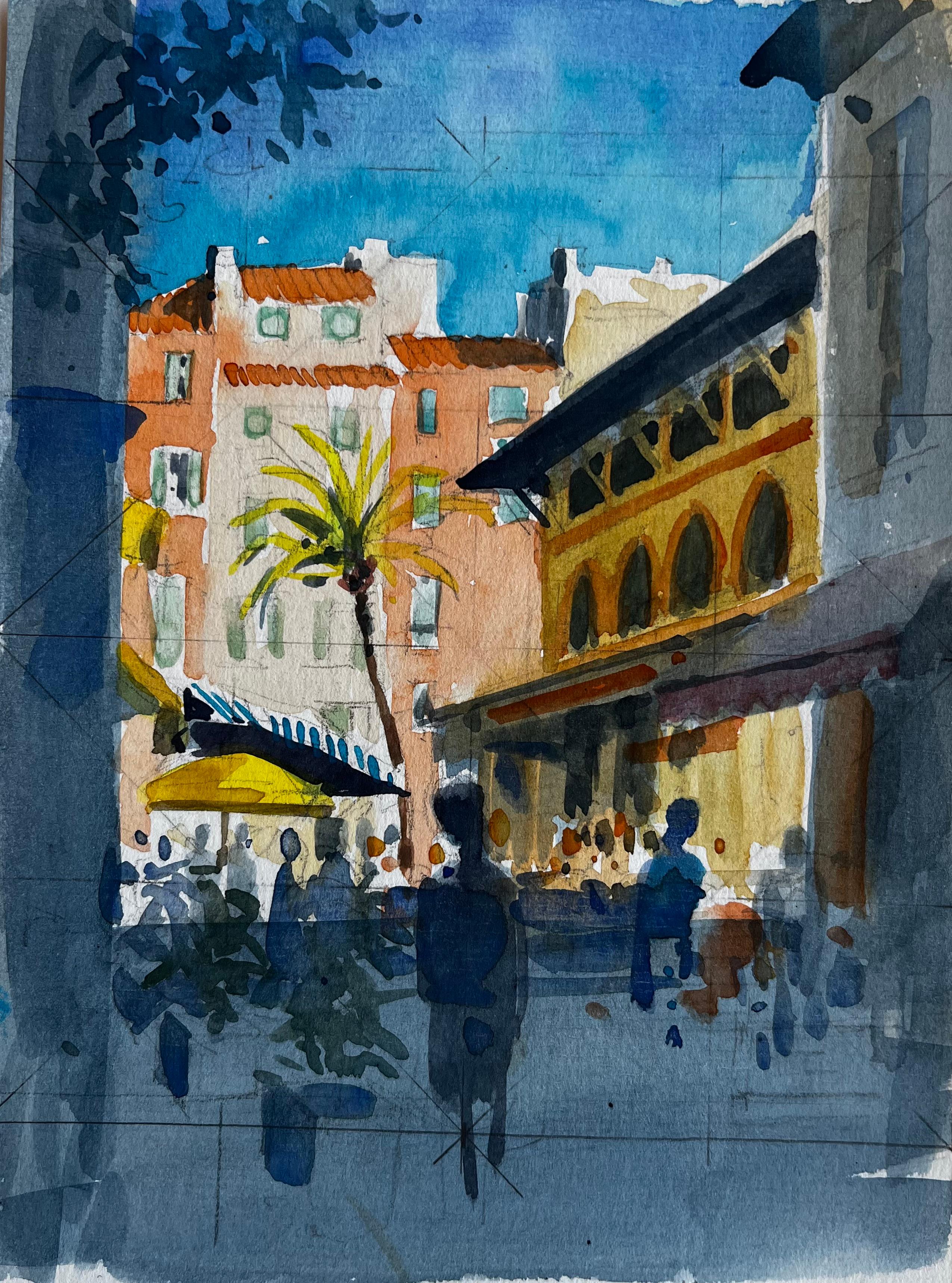 Pierre Neveu Landscape Painting - Menton Street Scene With Palm Tree and Cafe Watercolor