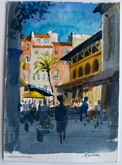 Menton Street Scene With Palm Tree and Cafe Watercolor