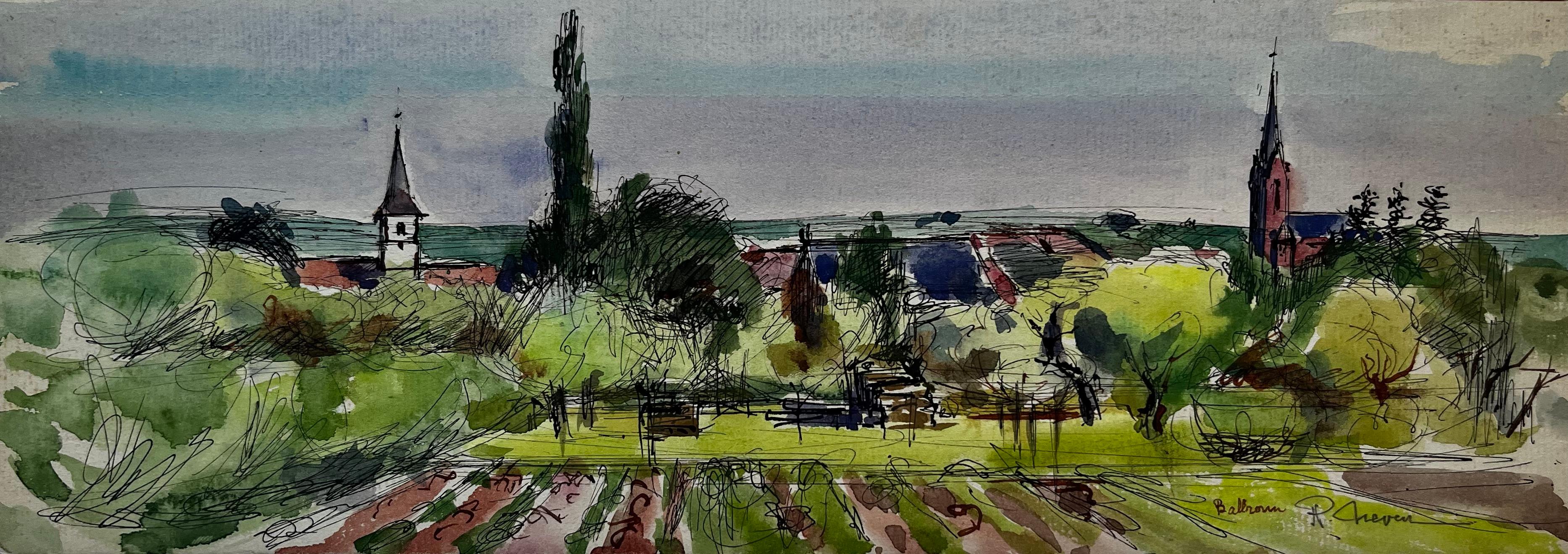 Rural Landscape with Church Spires and Fields Watercolour