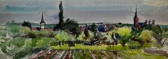 Rural Landscape with Church Spires and Fields Watercolour
