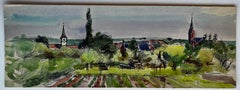 Rural Landscape with Church Spires and Fields Watercolour