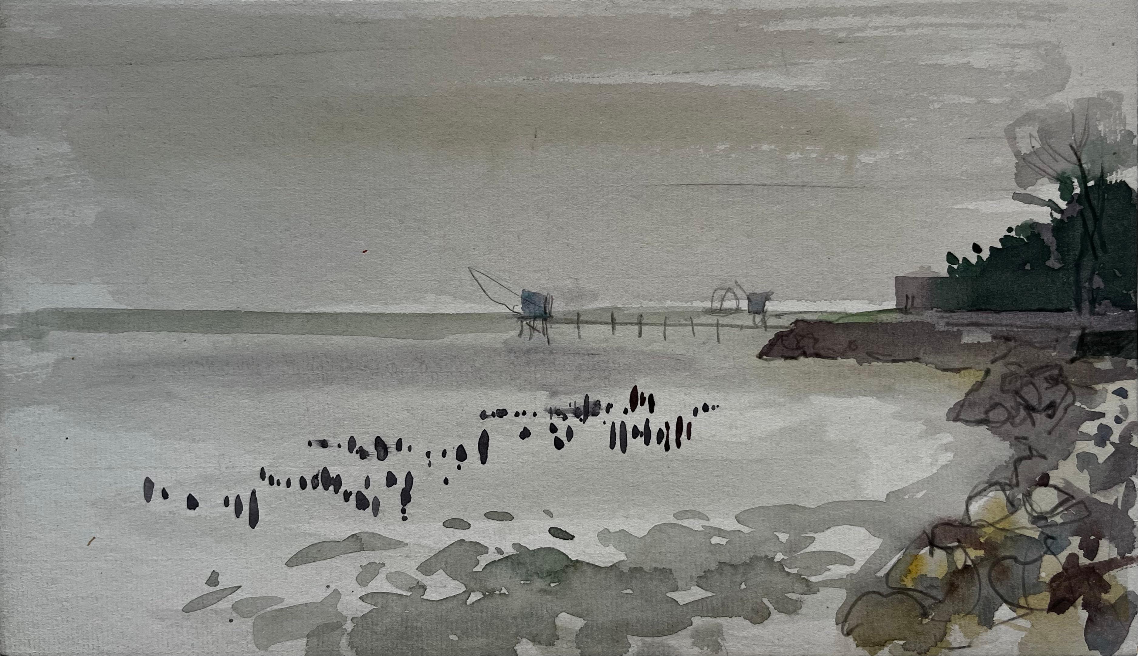 Pierre Neveu Landscape Art - Coastal Estuary with Distant Boats and Tidal Posts Watercolour