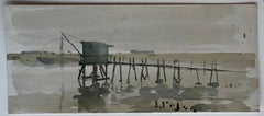 Coastal Fishing Hut and Jetty in Muted Tones Watercolor
