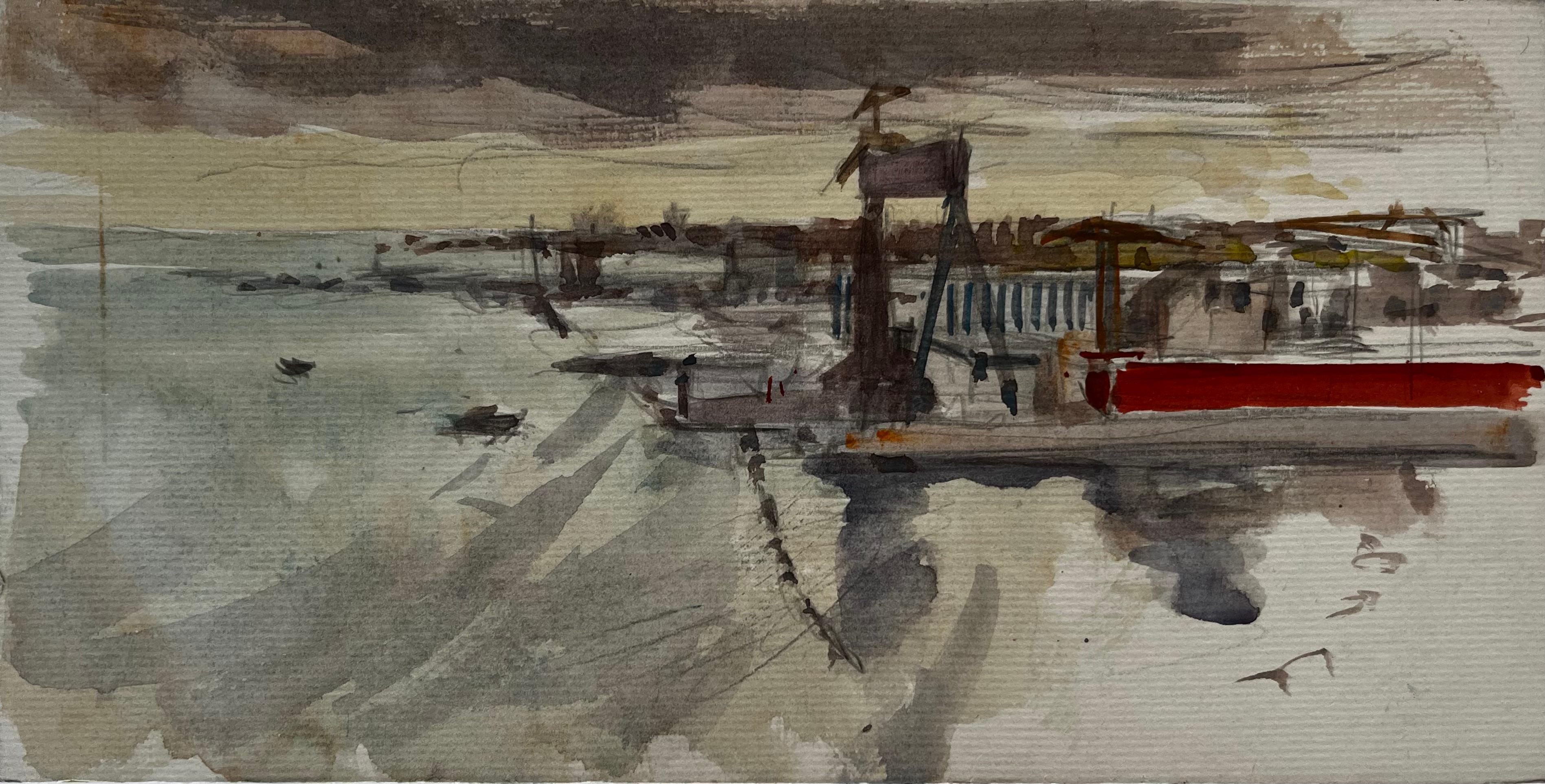 Pierre Neveu Landscape Art - Coastal Pier and Harbour Structures at Low Tide Watercolor