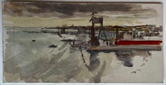 Coastal Pier and Harbour Structures at Low Tide Watercolor