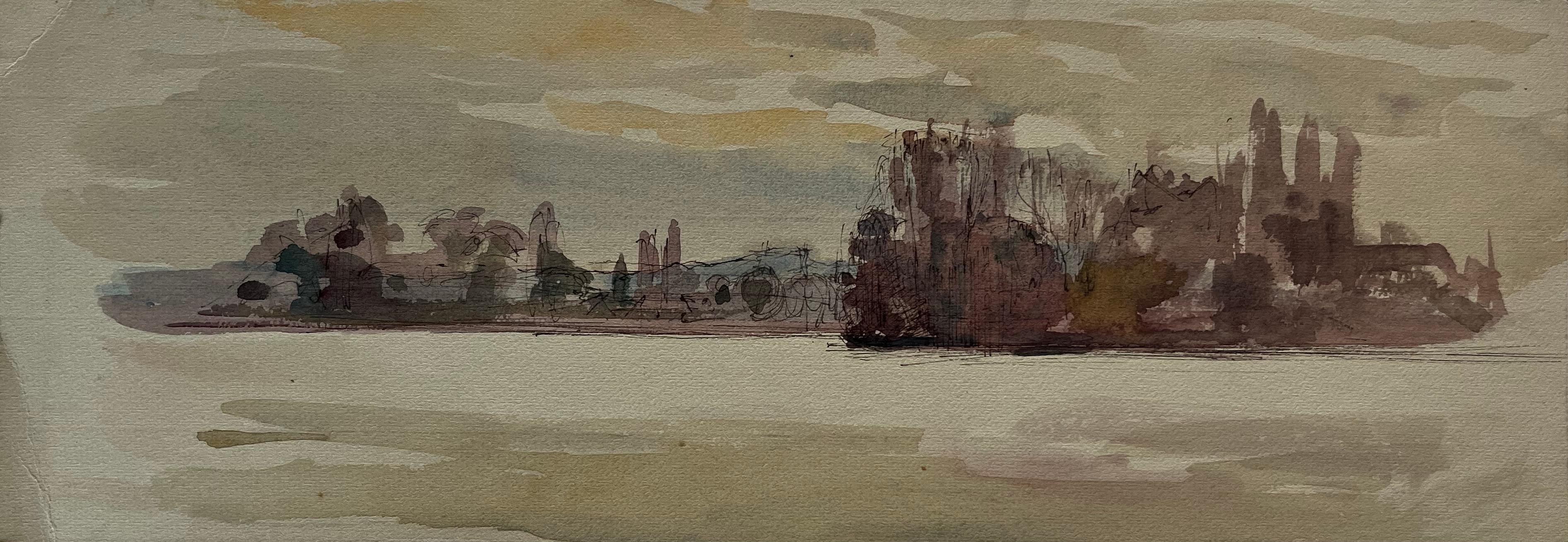 Pierre Neveu Landscape Art - Low Horizon Coastal Landscape With Distant Trees Watercolour