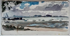 Coastal Harbour with Moored Boats and Distant Shoreline Watercolour