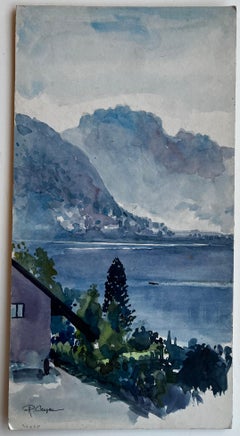 Tranquil Mountain Lake and Hillside Landscape Watercolor