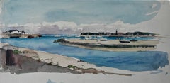 French Coastal Harbour Landscape with Boats Watercolour Seascape