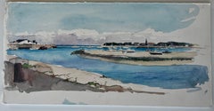 French Coastal Harbour Landscape with Boats Watercolour Seascape
