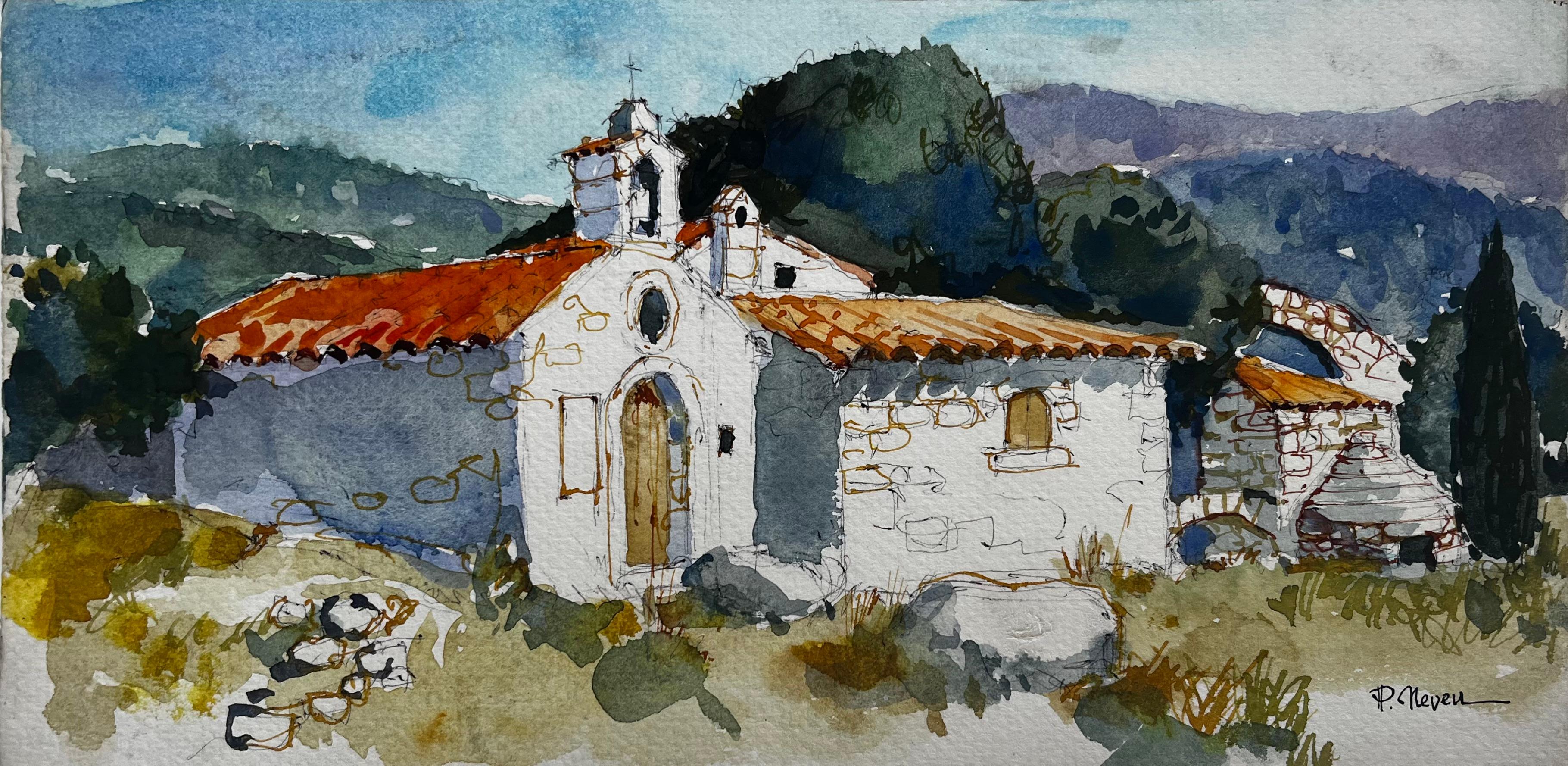 Pierre Neveu Landscape Art - French Rural Chapel Farmhouse Landscape Watercolour Provence Style