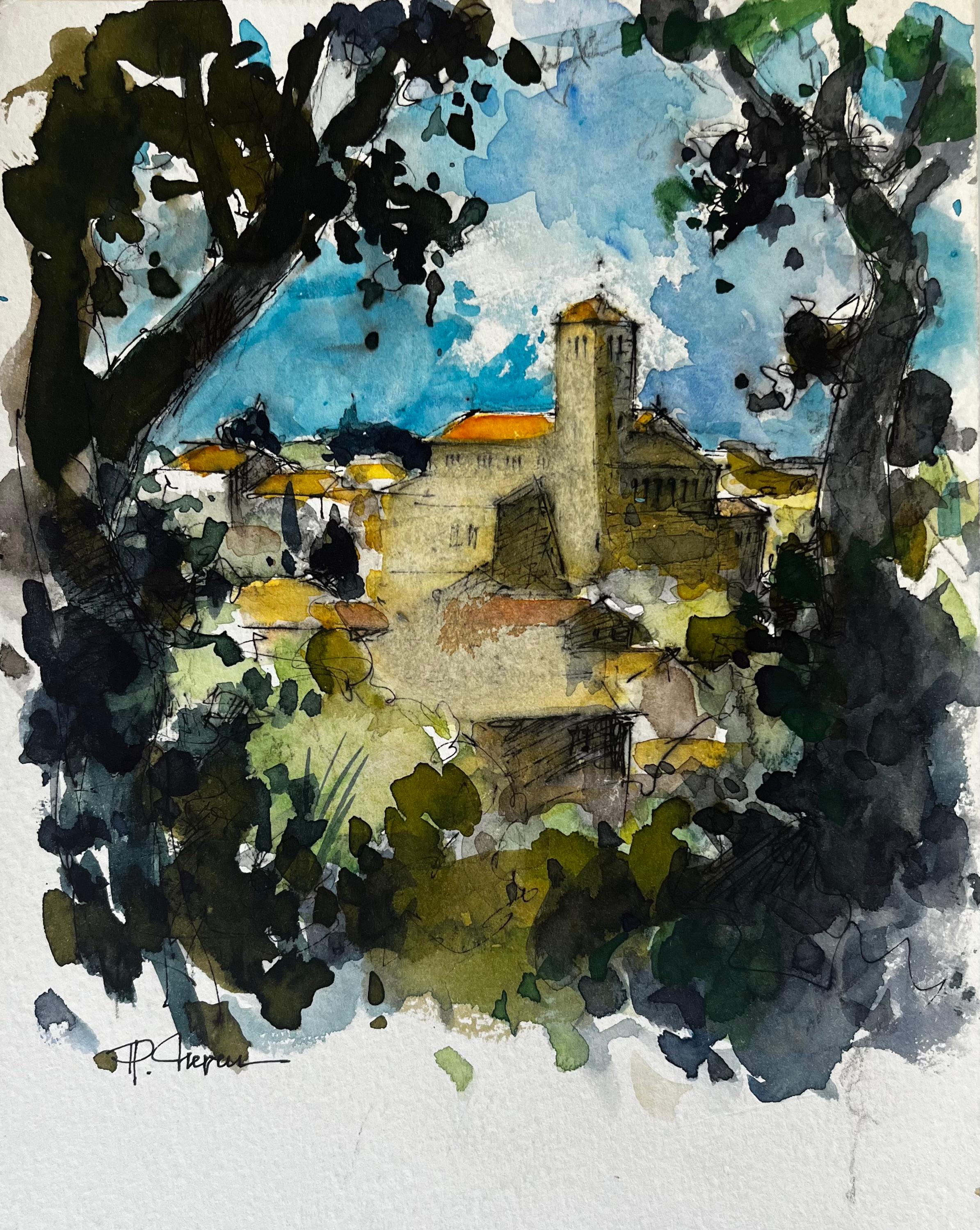 Pierre Neveu Landscape Art - French Hilltop Village with Church Tower Landscape Watercolour