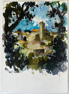 Französisches Haufendorf mit Kirchturm Landschaft Aquarell