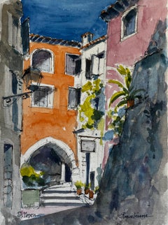 Paysage aquarelle français de Roquebrune, rue de village avec arcade