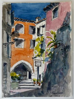 Französisch Roquebrune Dorfstraße mit Torbogen Aquarell Landschaft