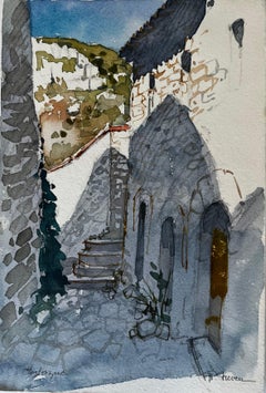 Via del villaggio francese in pietra con gradini e arco Acquerello