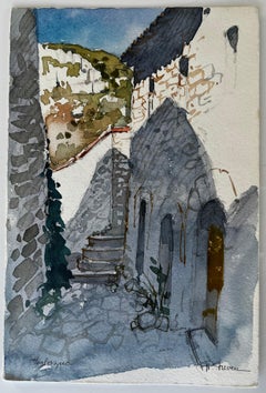 Französische Stein-Dorfstraße mit Treppe und Torbogen Aquarell