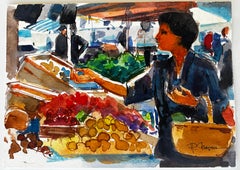 French Market Stall with Female Figure Fruit and Vegetables Watercolour