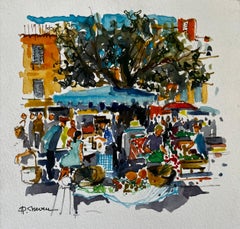 French Street Market with Stalls and Figures Town Square Watercolour