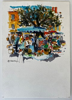 Mercado callejero francés con puestos y figuras Plaza del pueblo Acuarela