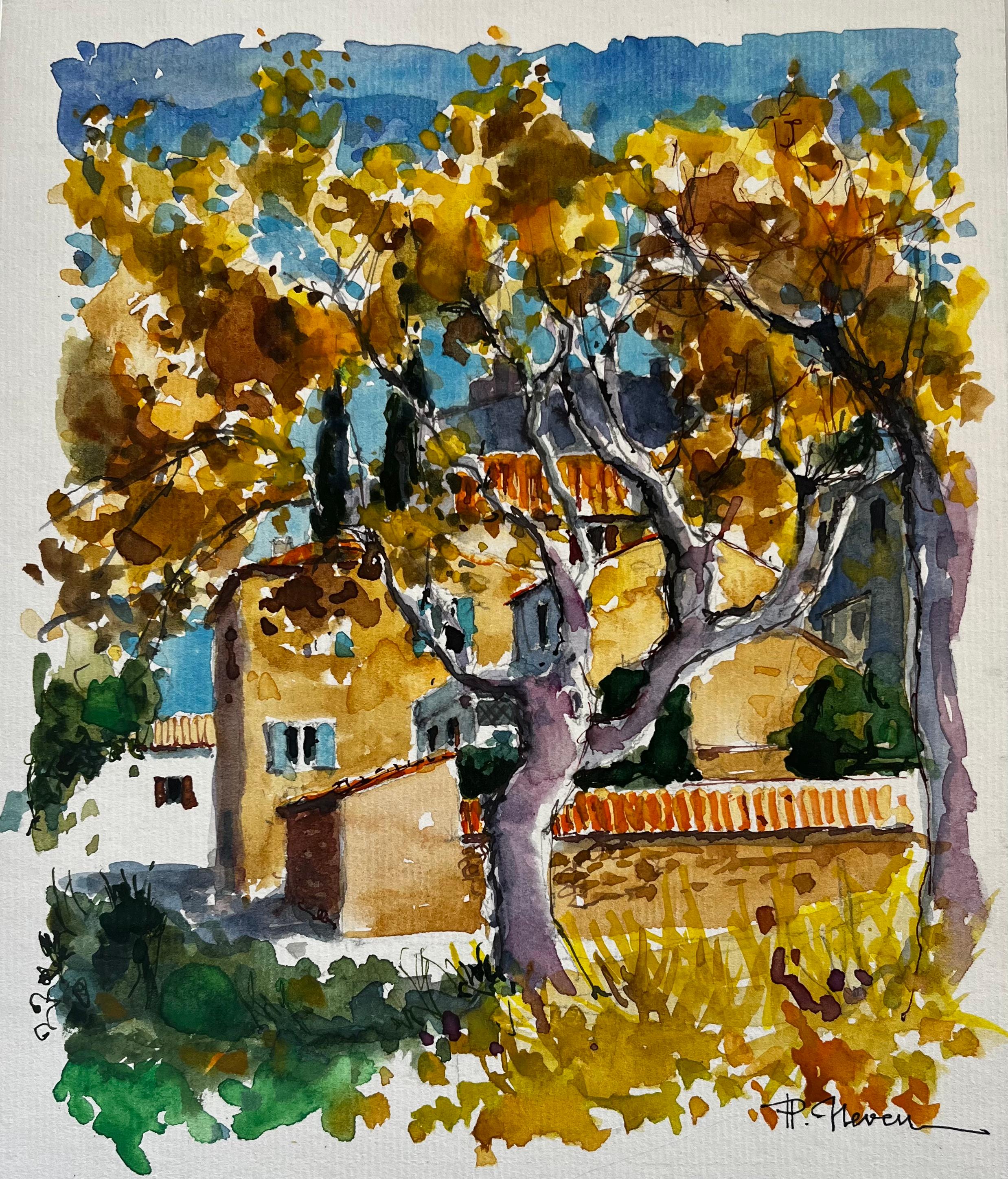 Pierre Neveu Landscape Art - French Provençal Village Houses with Plane Trees Autumn Landscape Watercolour