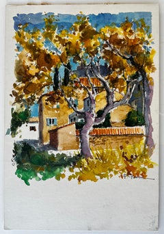 French Provençal Village Houses with Plane Trees Autumn Landscape Watercolour