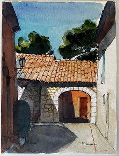 French Village Archway with Tiled Roof and Courtyard Watercolour