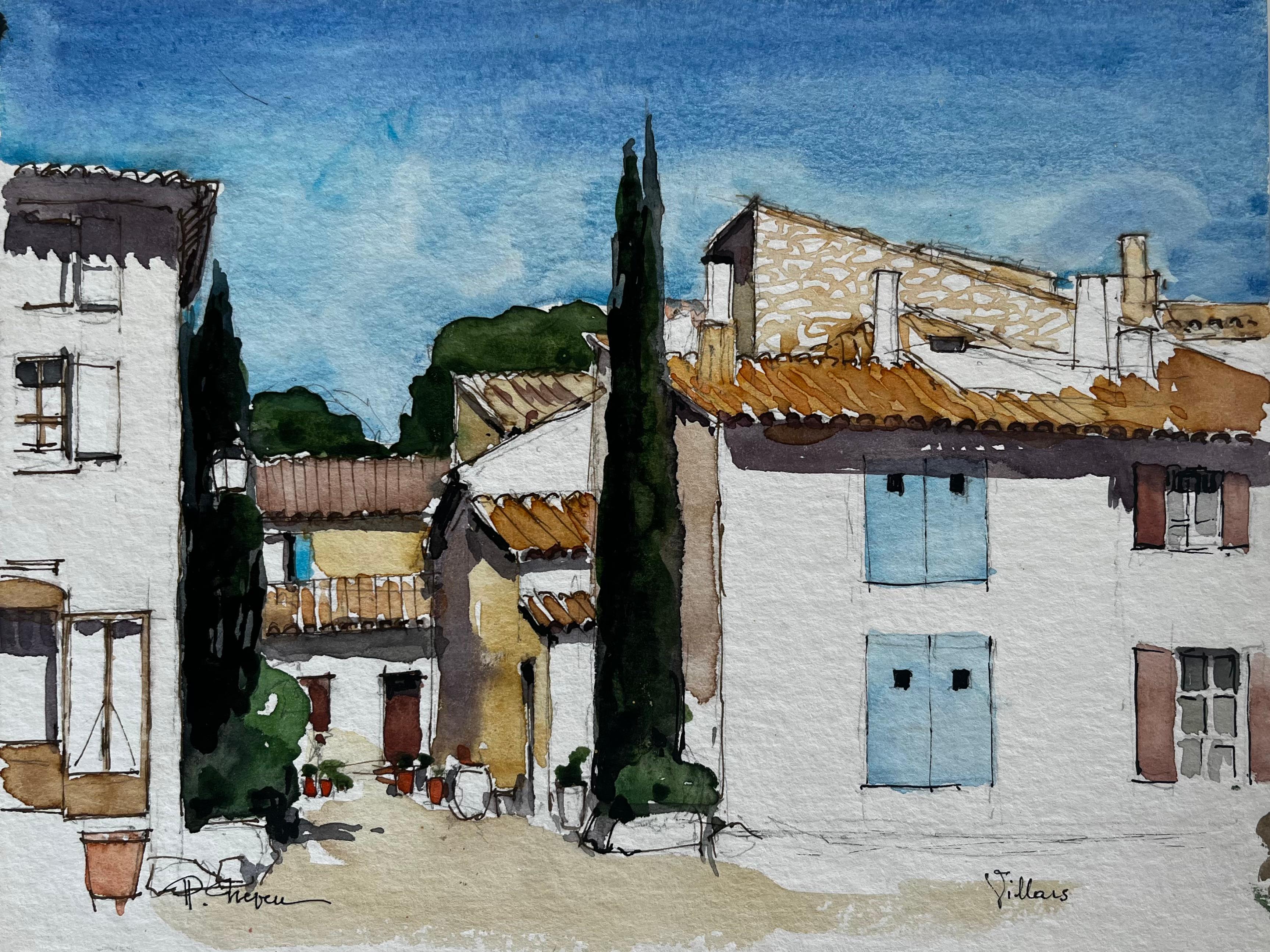 Pierre Neveu Landscape Art - French Village of Villars with Stone Houses Cypress Trees Watercolour