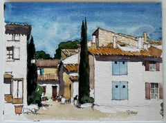 Pueblo francés de Villars con casas de piedra y cipreses Acuarela