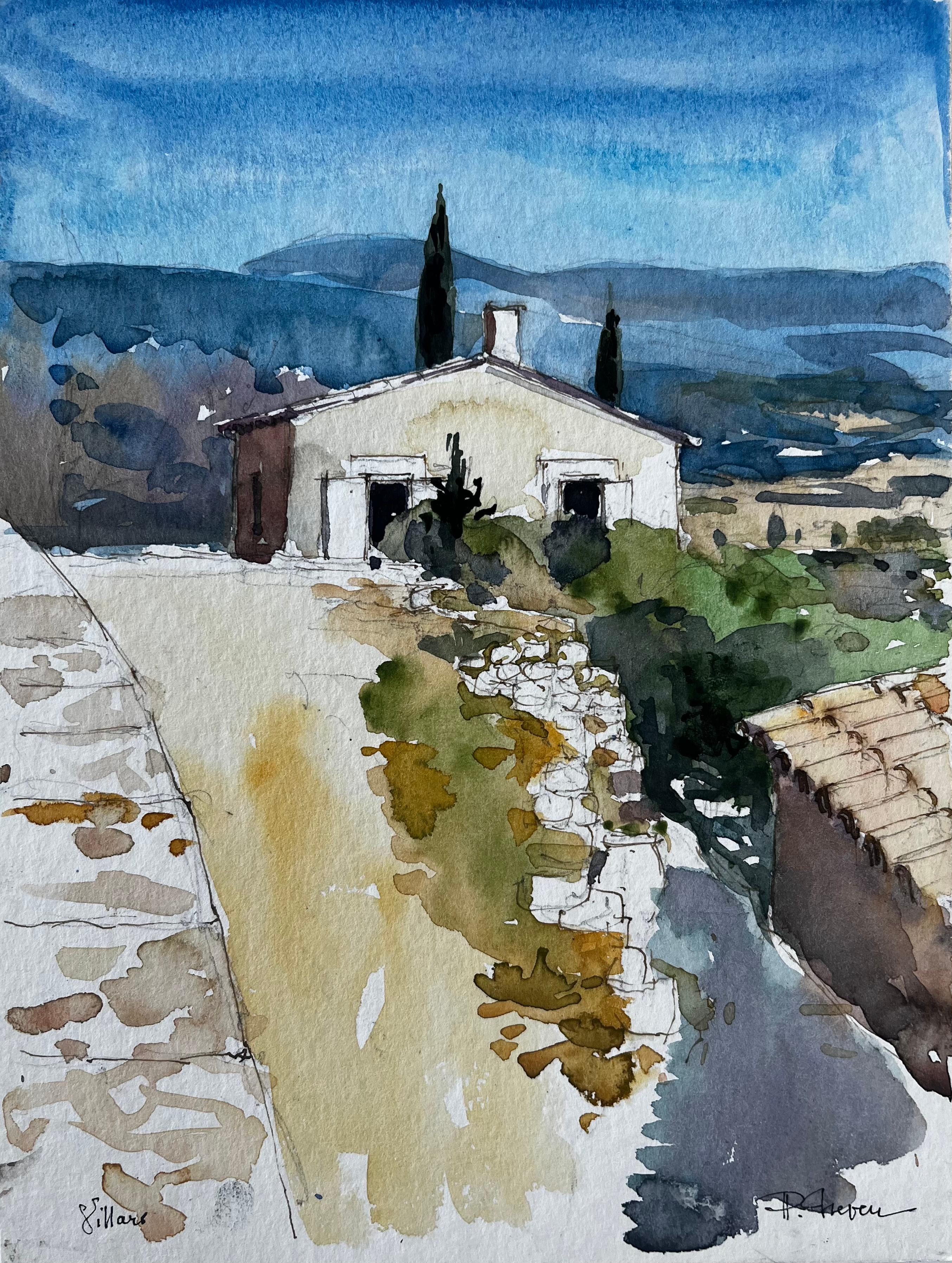 Pierre Neveu Landscape Art - French Villars Hillside Farmhouse with Cypress Trees Provence Watercolour