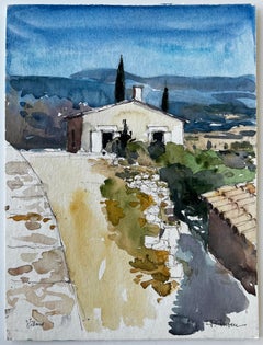 Villars franceses Granja de ladera con cipreses Provenza Acuarela