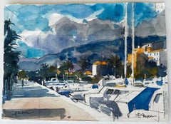 French Riviera Menton Harbour with Mountains Coastal Town Watercolour
