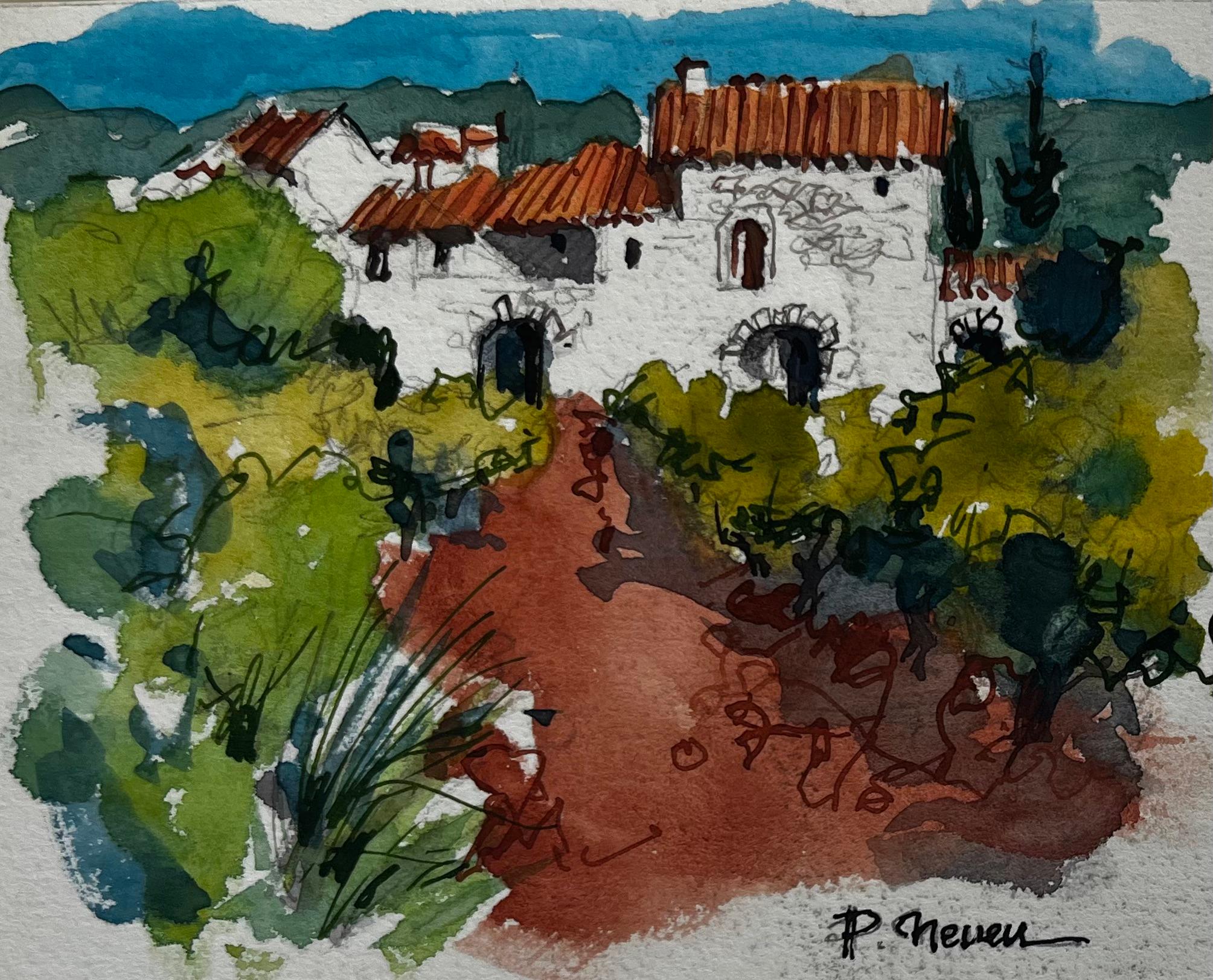 Pierre Neveu Landscape Art - French Provençal Farmhouse on Hillside with Red Path Landscape Watercolour