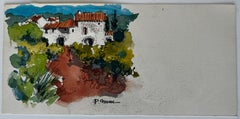 French Provençal Farmhouse on Hillside with Red Path Landscape Watercolour