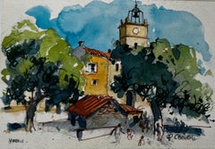 Viens Provence Place du village avec tour de l
horloge et personnages Aquarelle